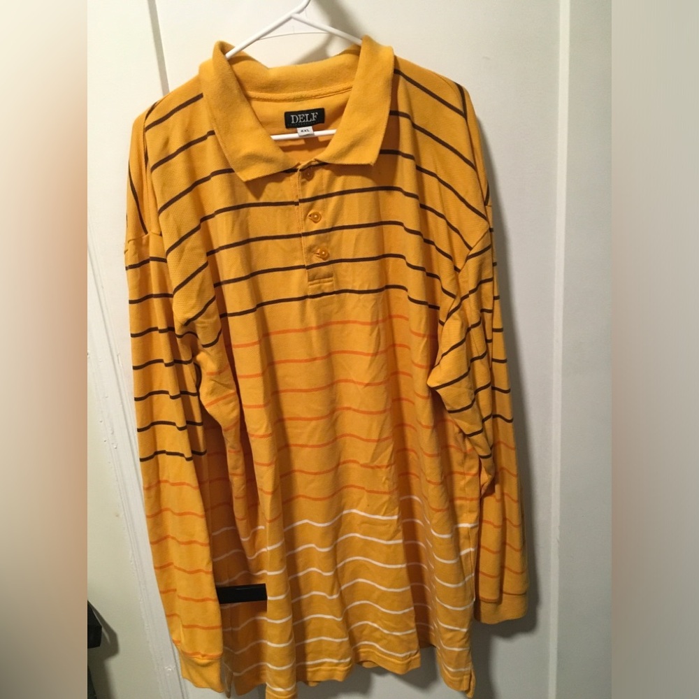 DELF Men's Mustard and Black Striped Polo